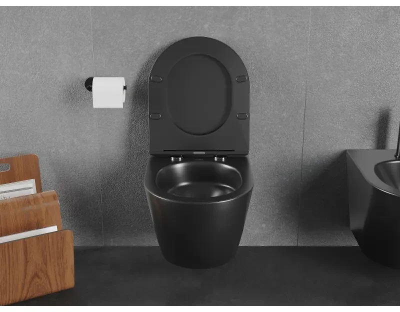Mexen Lena, závesná WC misa 490x360x340 mm, Rimless Tornádo + WC sedadlo z duroplastu, čierna matná, 30221085T