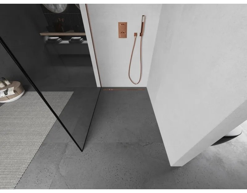 Mexen Kioto, sprchová zástena Walk-In 100 x 200 cm, 8mm číre sklo čierny vzor, medený matný profil, 800-100-101-65-70