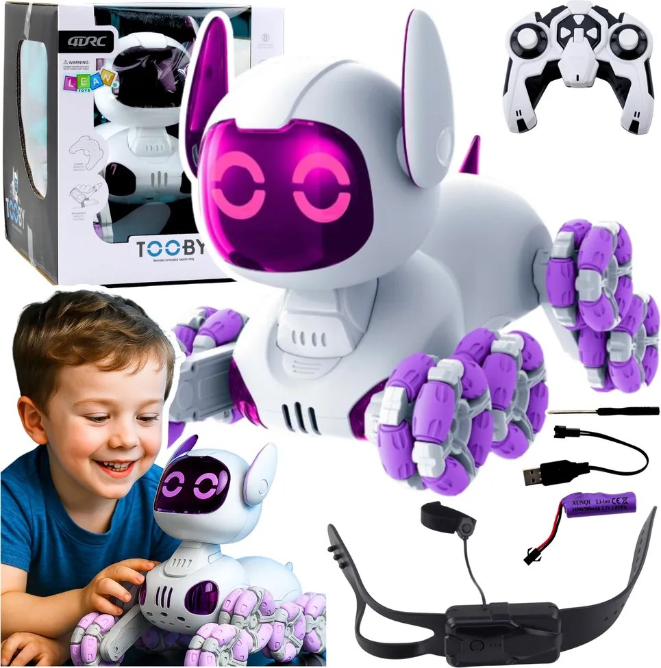 LEAN Toys Robotický pes TOOBY s diaľkovým ovládaním RC, 360°, svetlá, zvuky, bielo-fialový