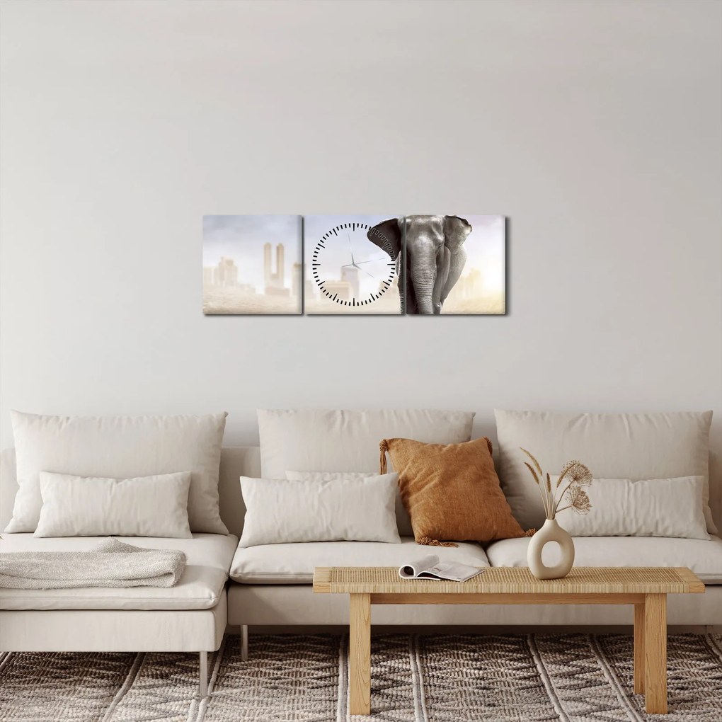 Obraz - Sloníčka vo veľkomeste (s hodinami) (90x30 cm)