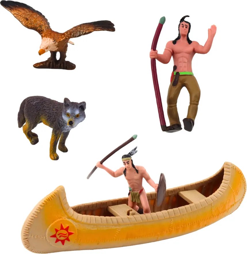 LEAN Toys Sada figúrok indiánskej dediny Indiáni Stan Tipi KanoeTotem