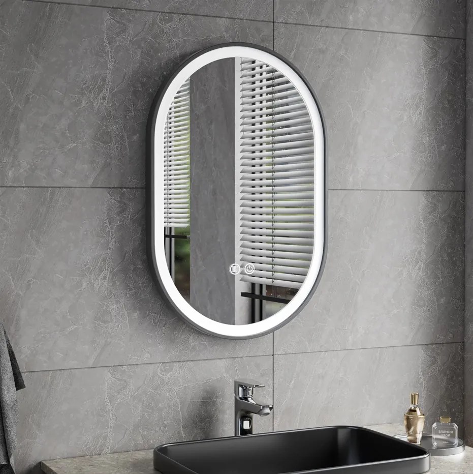 Erga Gwen, oválne LED zrkadlo 40x60cm v čiernom kovovom ráme, 3 farby svetla, predné osvetlenie, vyhrievacia podložka proti zapareniu, ERG-V01-GWEN-4060-BK