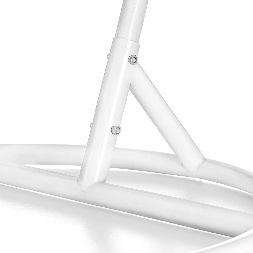 Biele závesné kreslo KOKON so stojanom, zeleno-biely vankúš.