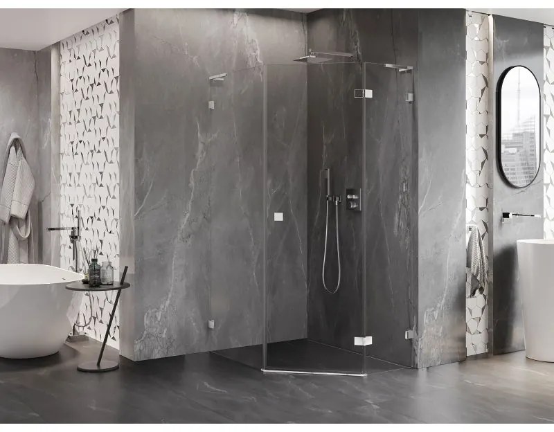 Mexen Lunar, L pravý výklopný päťuholníkový sprchový kút 80 x 100 cm, 8mm číre sklo, chrómový profil, 831L-080P-100L-01-00-P