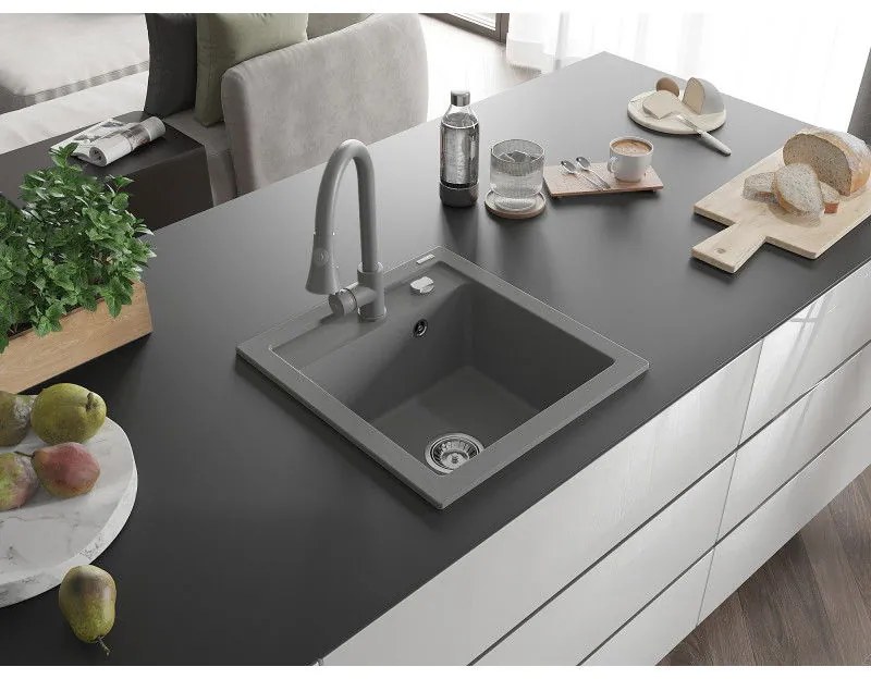 Mexen Vito, 1-komorový granitový drez 490x520x210 mm a drezová batéria Elia, šedá, 6503-71-670101-71