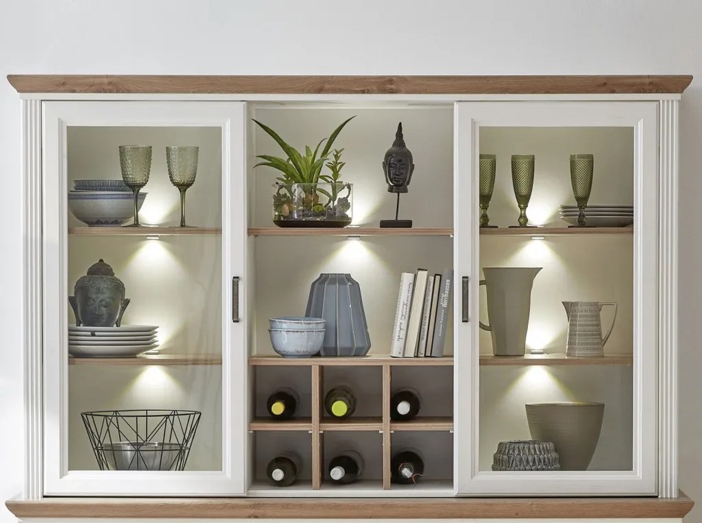 Nástavná vitrína s priehradkami Jasmin,bielená pínia/dub, s osvetlením