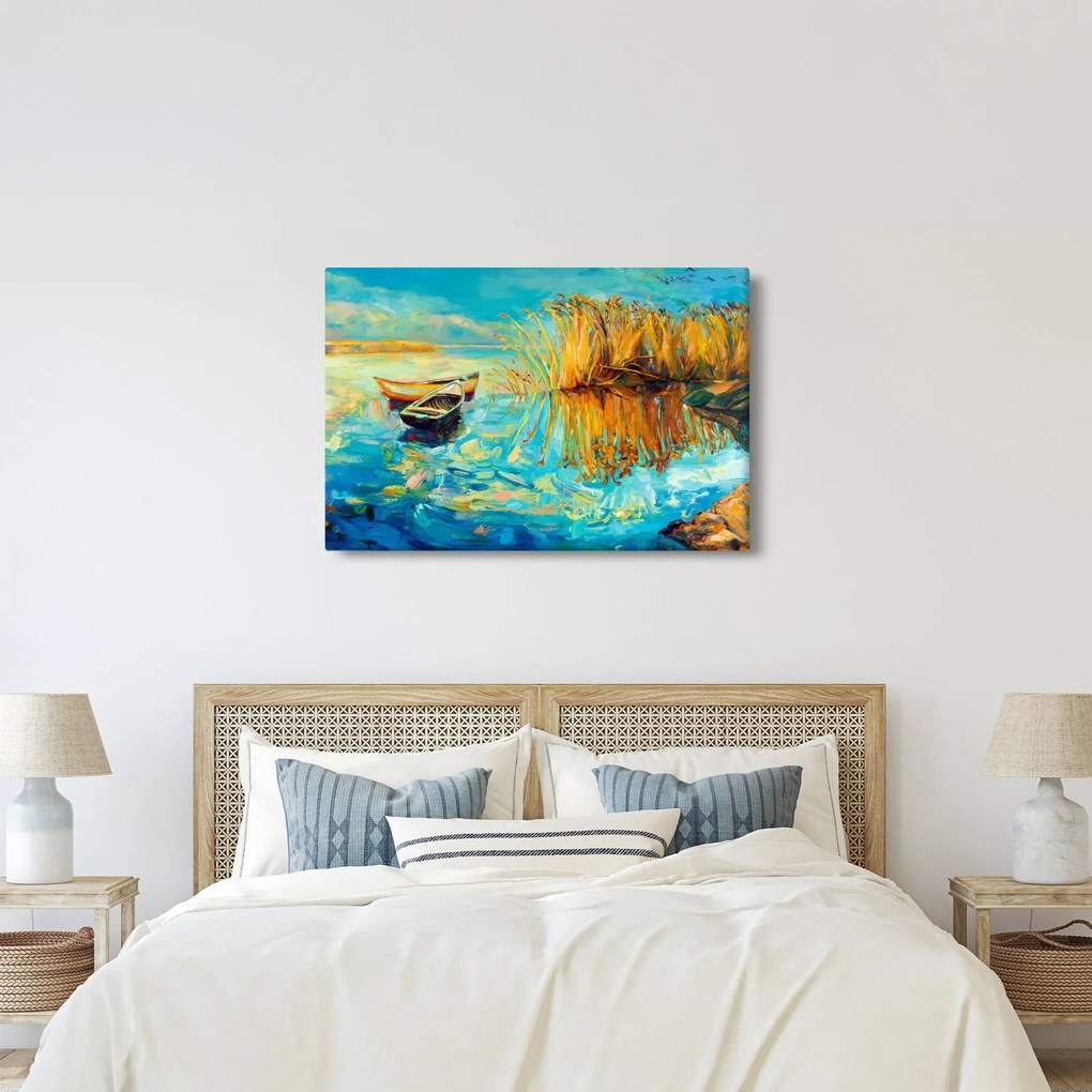 Obraz - Jazero s loďkami (90x60 cm)