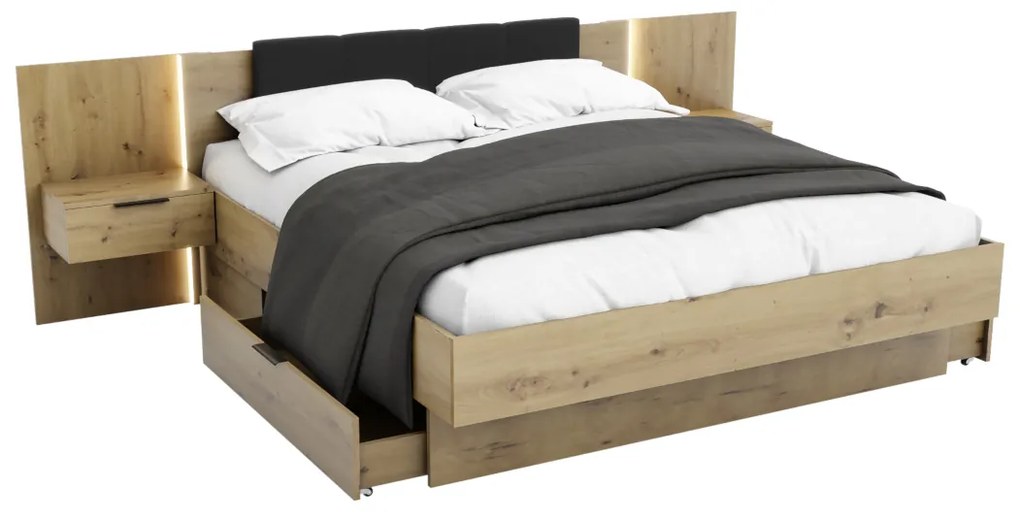 Manželská posteľ DOTA + rošt a doska s nočnými stolíkmi, 180x200, dub Kraft zlatý/čierna
