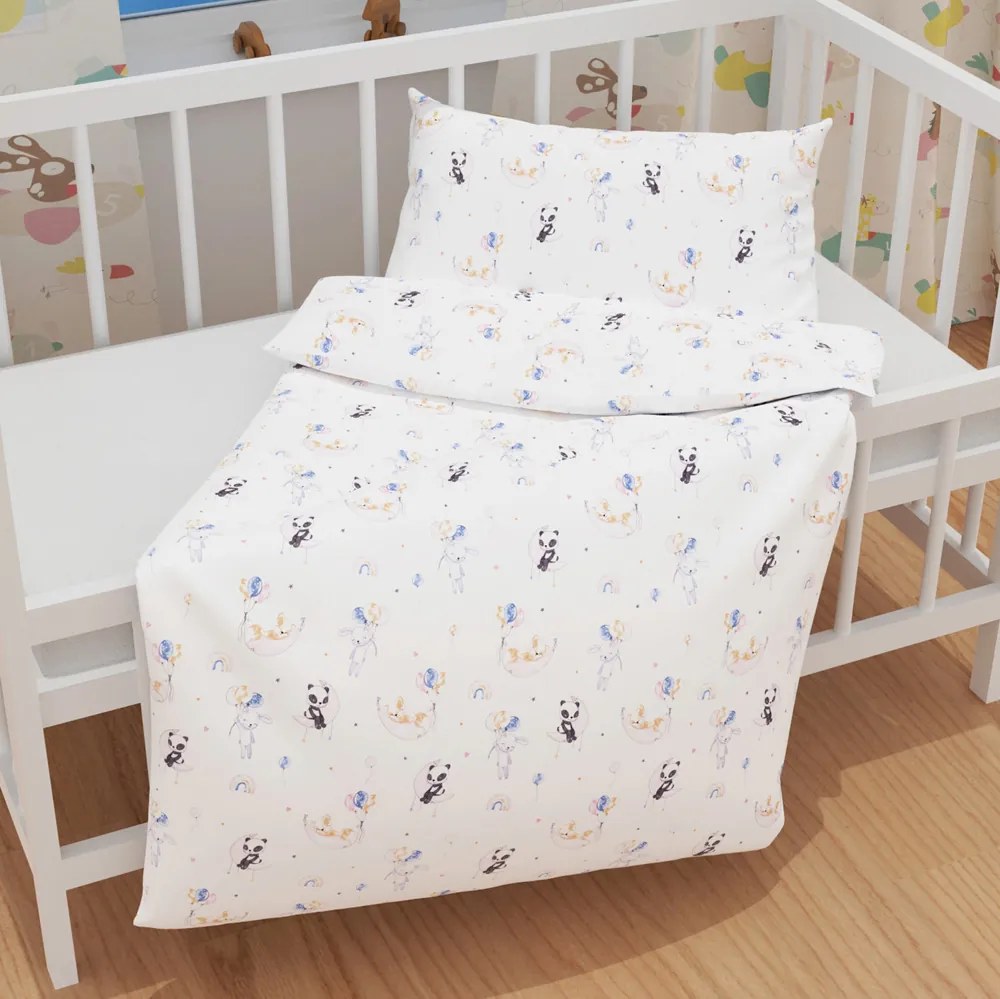 Biante Detské bavlnené posteľné obliečky do postieľky Sandra SA-374 Pandy líšky a zajačiky s balónikmi Do postieľky 90x120 a 40x60 cm