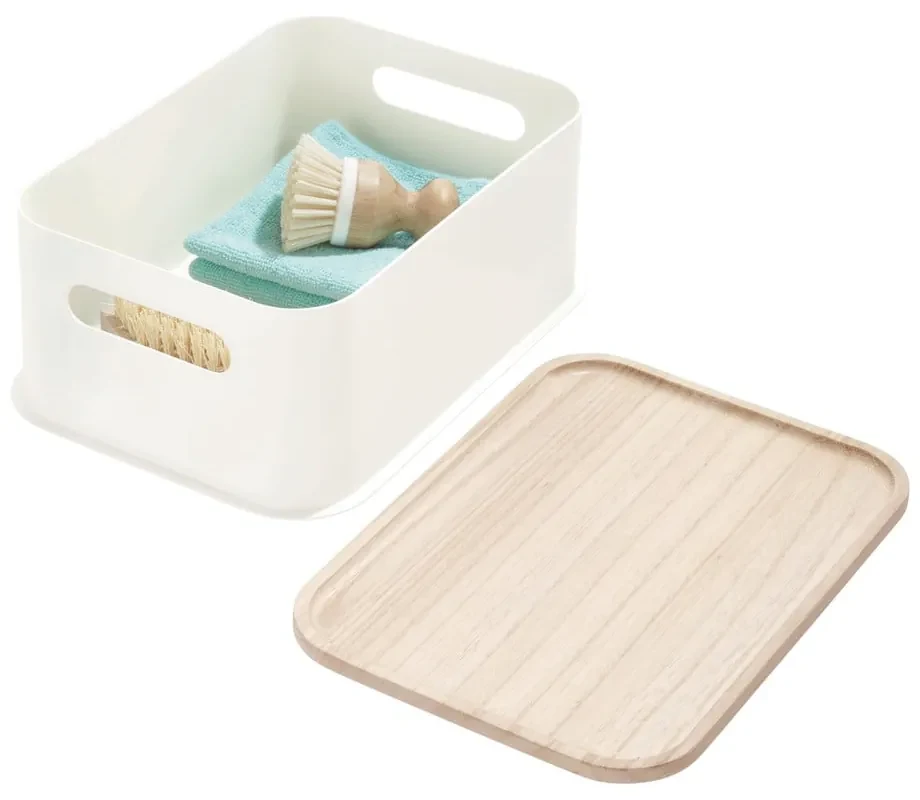 Biely úložný box s vekom z dreva paulownia iDesign Eco Handled, 21,3 x 30,2 cm