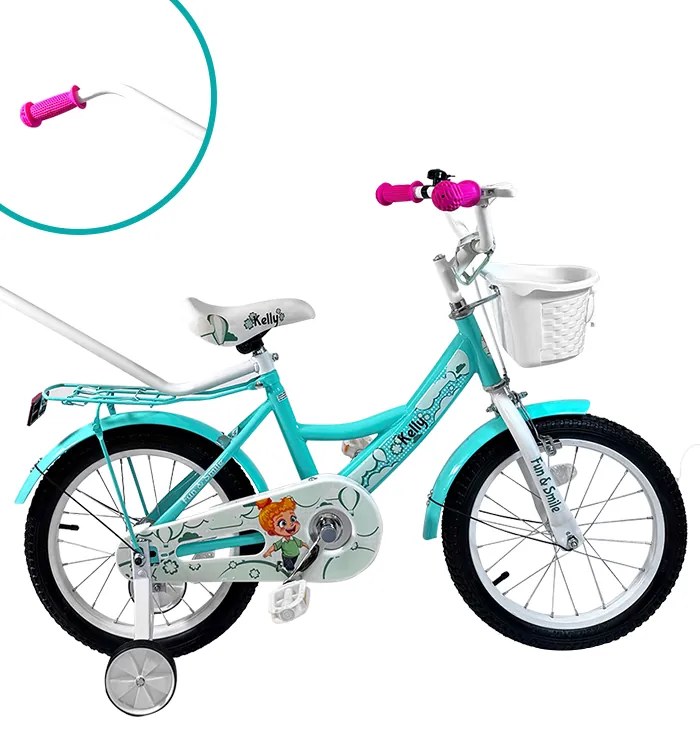 Detský bicykel s vodiacou tyčou, košíkom a pomocnými kolieskami 12 – pre deti od 2,5 do 4 rokov