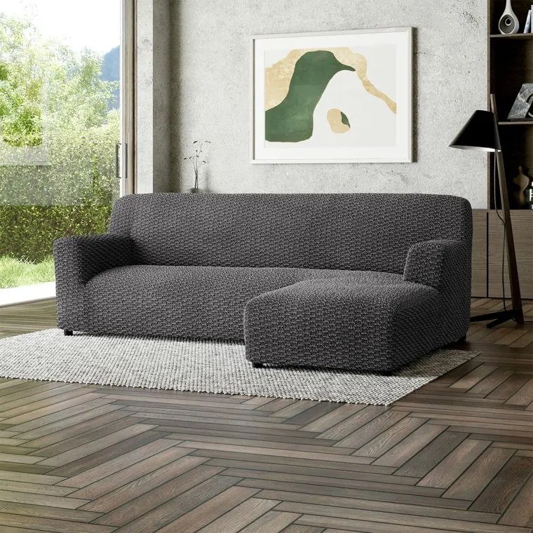 Bielastické poťahy MOSAICO tmavosivé sedačka s otomanom vpravo (š. 170 - 300 cm)
