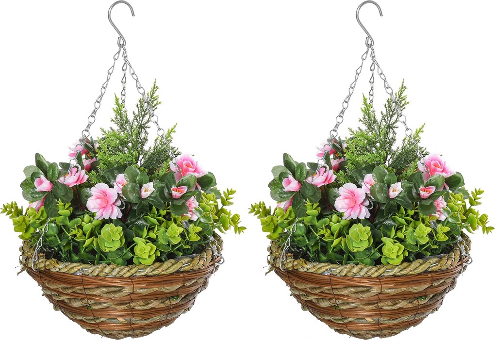 Outsunny Sada 2 Umelých Rastlín Lisianthus s Kvetináčom a Hákom, Umelé Rastliny z PE a Prútia, Ø25x34 cm, Zelená a Ružová | Aosom