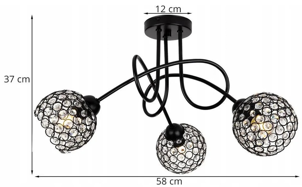 Stropné svietidlo Crystal, 3x čierne krištáľové tienidlo, b