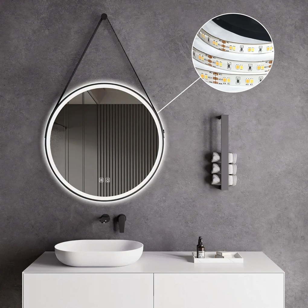 Tutumi Tutumi, okrúhle LED zrkadlo 70cm zavesené na čiernom pásiku, model 104, predné osvetlenie, HOM-02697