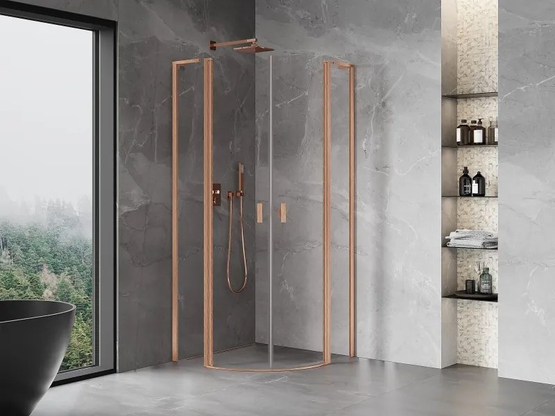Mexen Mist L, štvrťkruhový sprchový kút s 2-krídlovými dverami, 90 x 90 cm, 8mm číre sklo, medený profil, 8A32L-090-090-65-00