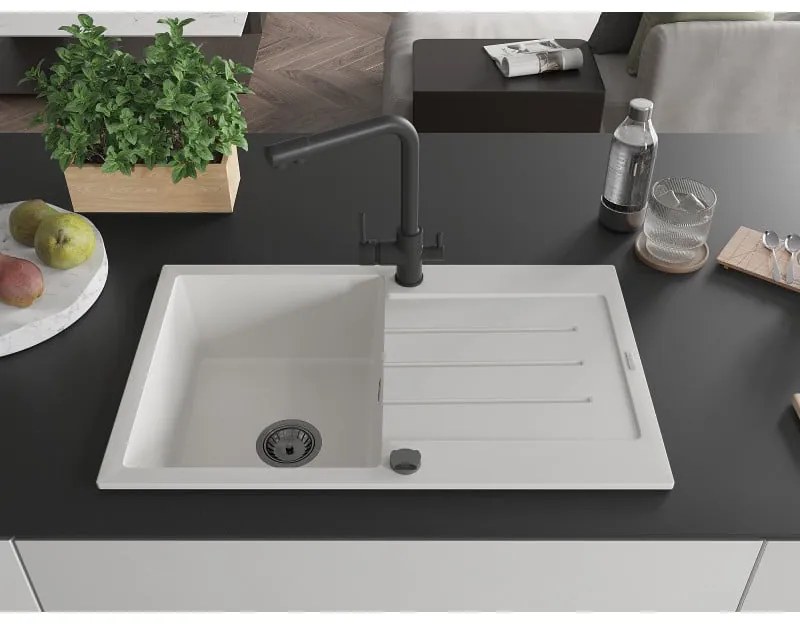 Mexen Bruno, 1-komorový granitový drez s odkvapkávačom 795x495x200 mm a čierna batéria Duero, biela, 6513-20-671600-70