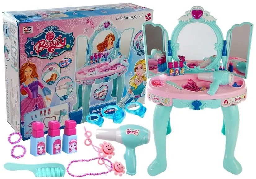 LEAN TOYS Toaletný stolík Beauty Set so zrkadlovým svetlom modro-ružový