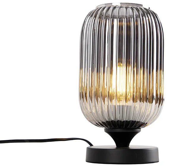 Art Deco stolná lampa čierna s dymovým sklom - Banci