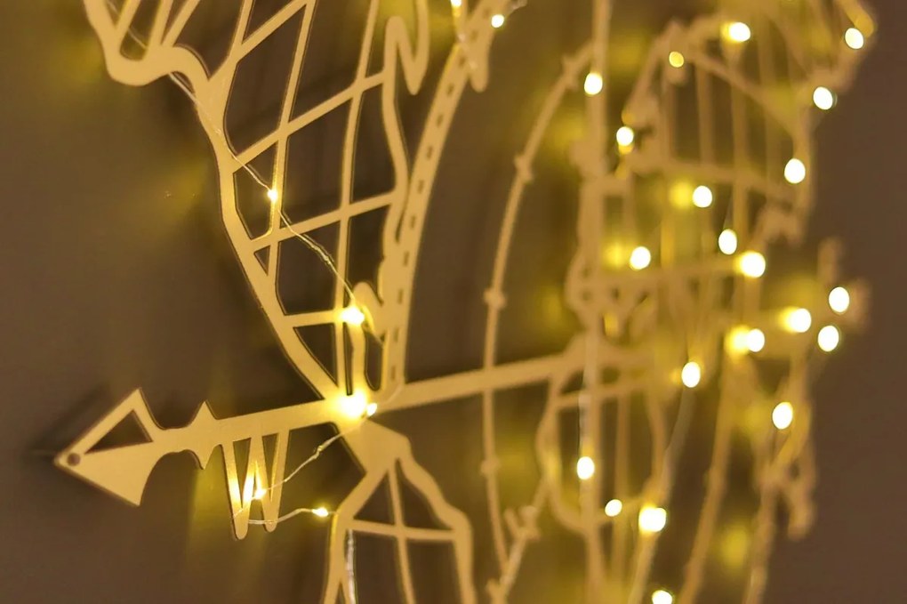 Nástenná dekorácia Svetová mapa Kompas Led zlatá