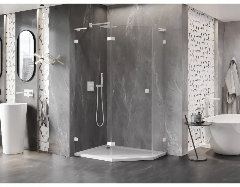 Mexen Lunar, L päťuholníkový sprchový kút naklápací doľava 100 x 90 cm, 8mm číre sklo, biely profil, 831L-100L-090P-20-00-L