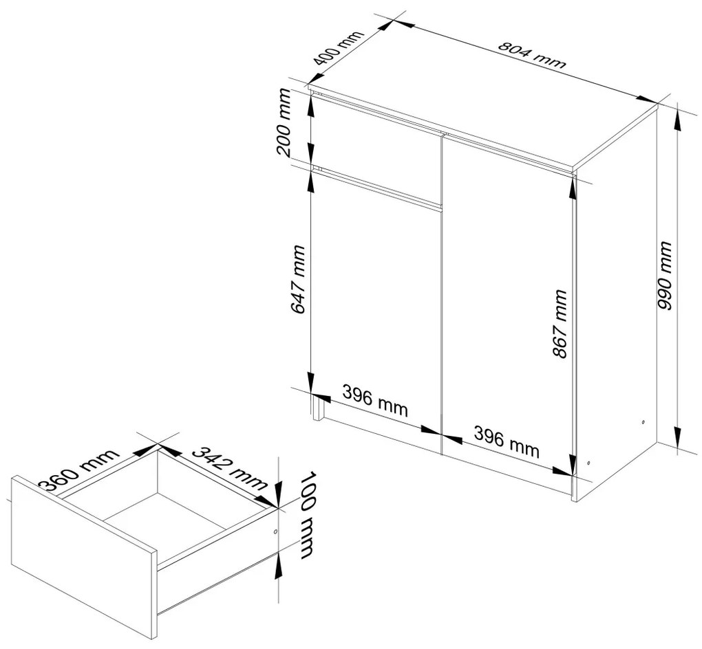 Komoda Kiara 80 cm 2 skrinky a 1 zásuvka biely lesk