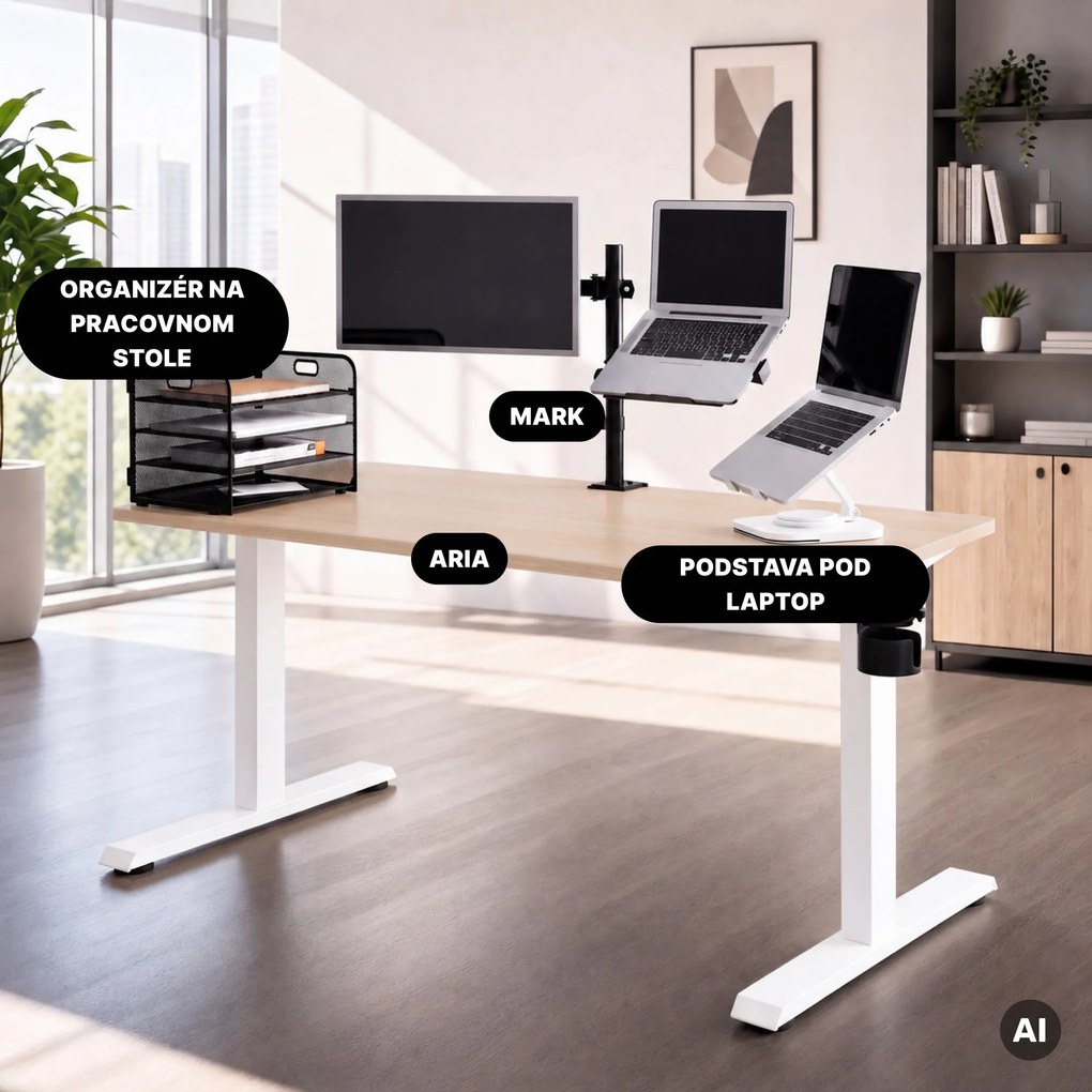 Elektrický stôl s nastaviteľnou výškou ergonomický biely/dub sonoma,1400x700 mm: ARIA