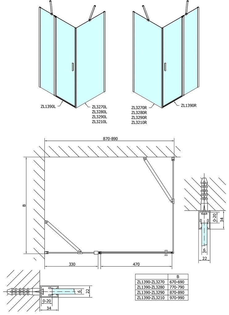 Polysan Polysan, Zoom Line obdĺžniková sprchová zástena 900x800mm, L/P varianta, ZL1390ZL3280
