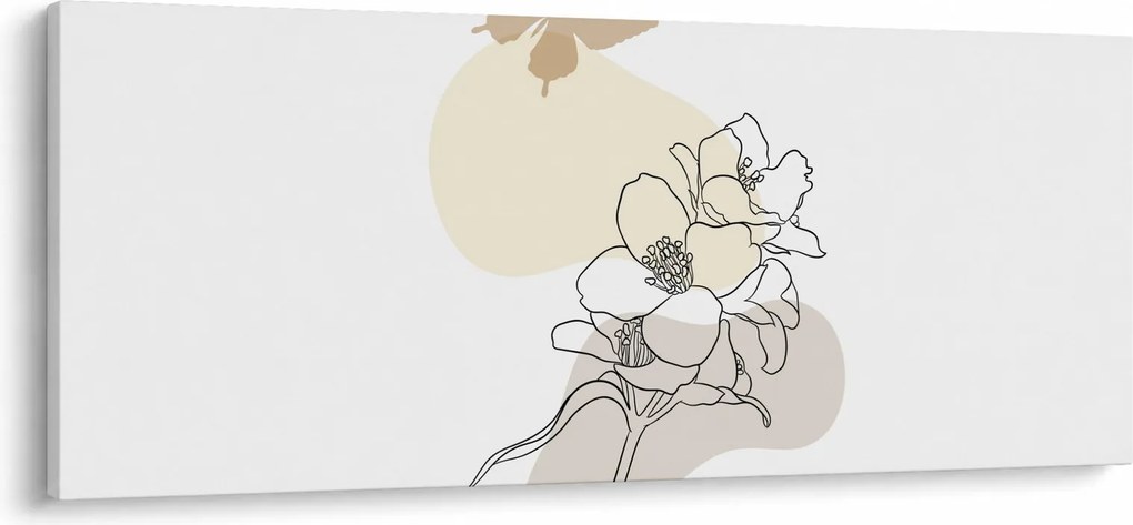 Obraz - Béžové kvety s motýľom N⁰3 (120x50 cm)