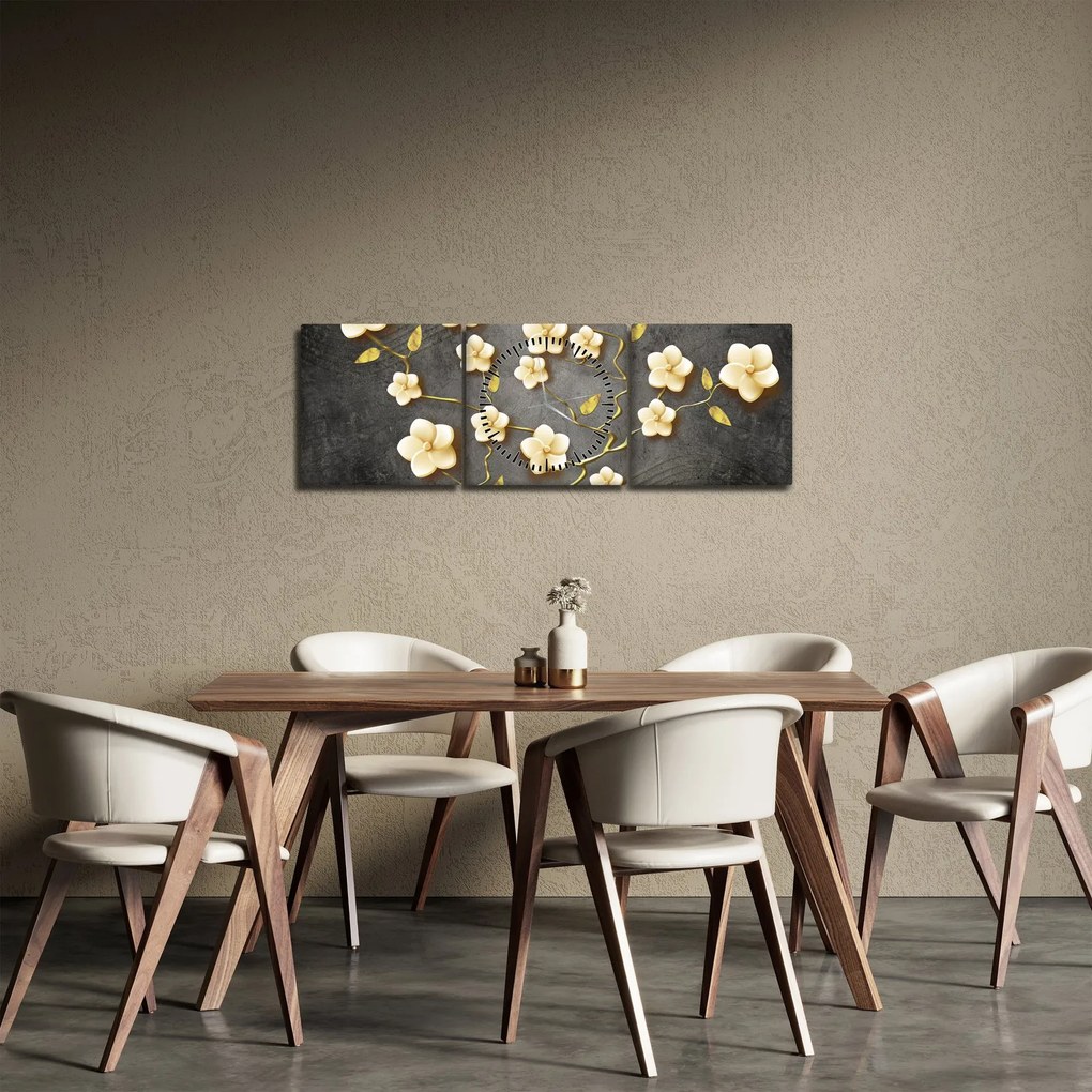 Obraz - Zlatý ker v čiernom pozadí (s hodinami) (90x30 cm)
