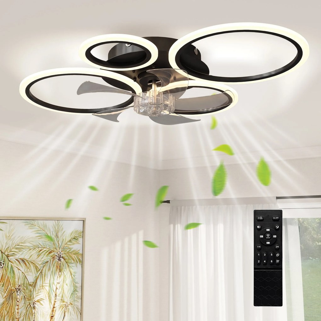 HOMCOM LED stropný ventilátor so svetlom, tichý 77 cm s diaľkovým ovládaním — 6 rýchlostí, 3 teploty, DC motor, časovač — čierny | Aosom