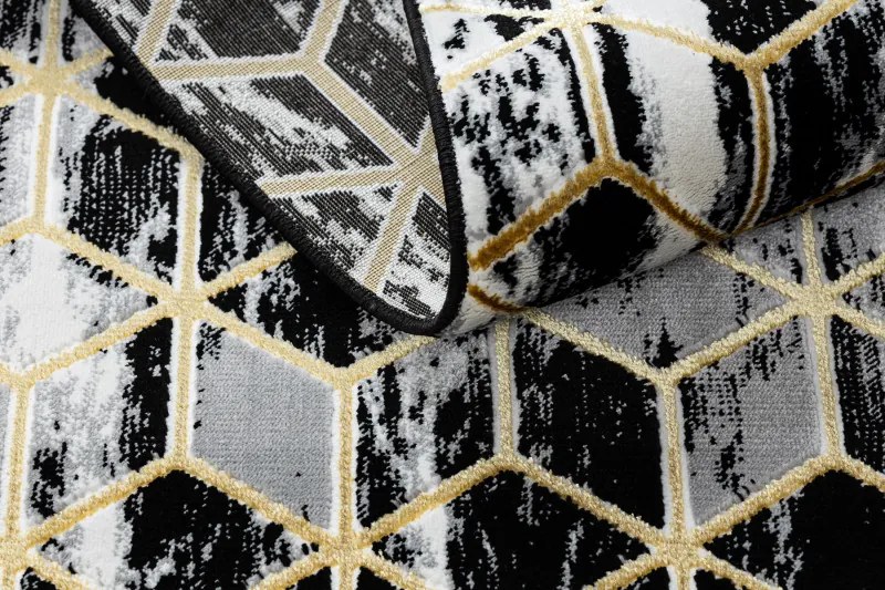 Dywany Łuszczów, Koberec behúň Gloss 409A 82 3D cubes black/gold/grey, 70x200, čierna, obývacia izba