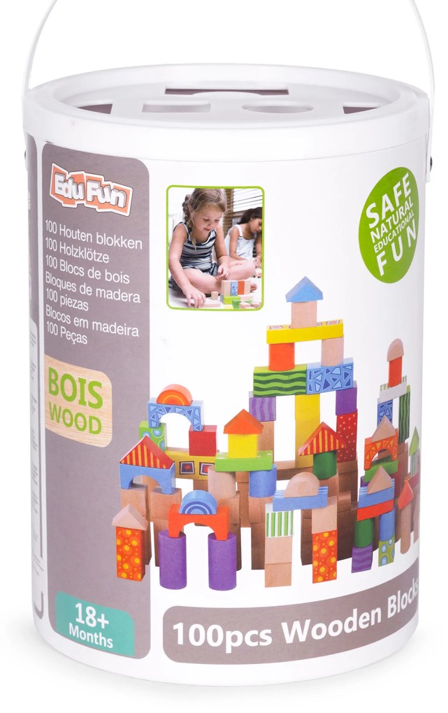 Drevené kocky vo vedierku so sorterom, 100 ks ECOTOYS 2003