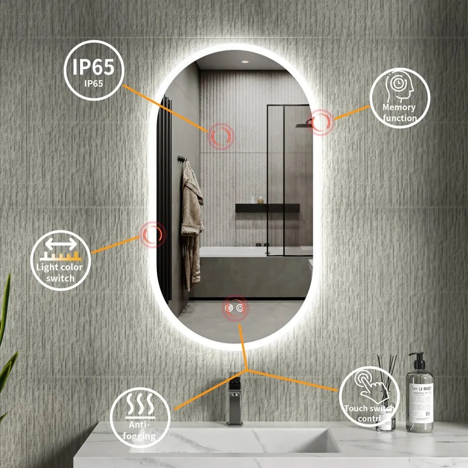 Erga Demi, oválne LED zrkadlo 50x90cm, 3 farby svetla, predné osvetlenie, vyhrievacia podložka proti zapareniu, ERG-V01-DEMI-5090-CL