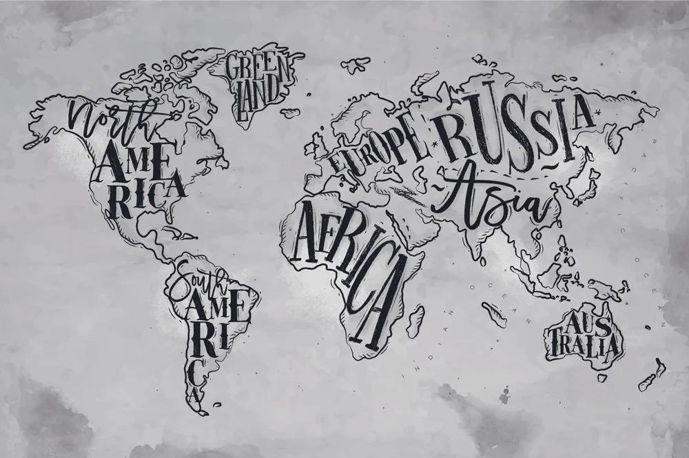 Samolepiaca tapeta abstraktná mapa celého sveta v čiernobielom prevedení