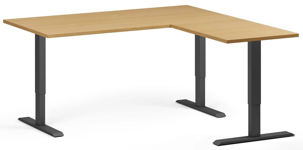 Výškovo nastaviteľný stôl, 160x160 cm, 3 motory, L/P, čierna podnož, buk