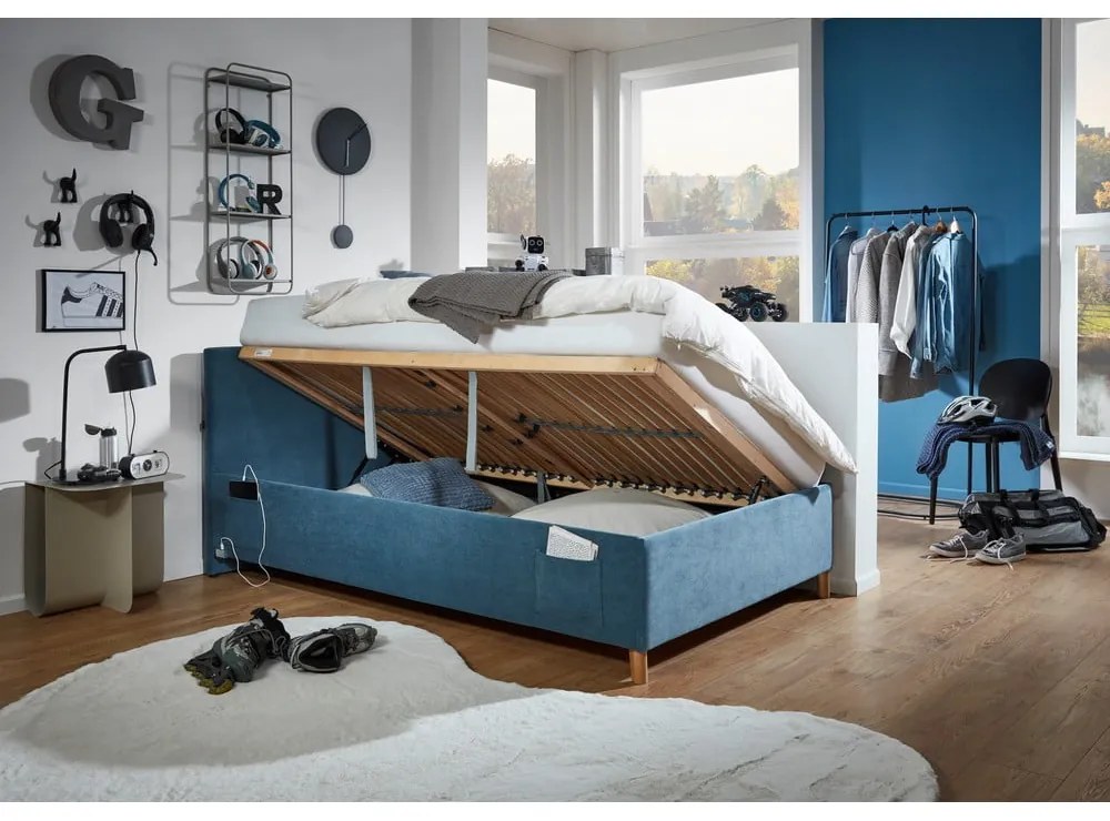 Modrá čalúnená detská posteľ s úložným priestorom s roštom 90x200 cm Cool – Meise Möbel