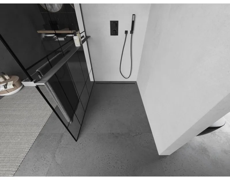 Mexen Kioto+, sprchová zástena Walk-In s poličkou a vešiakom 90 x 200 cm, 8mm číre sklo čierny vzor, grafitový profil, 800-090-121-95-78