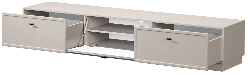 TV stolík Lorini 200 cm na sokli – kašmírová / čierna / úchytky T