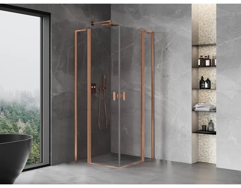 Mexen, Mexen Mist L Duo sklápací sprchový kút 90 x 90 cm, transparentný, brúsená meď - 8A4L-090-090-65-00