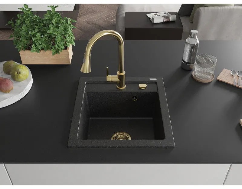 Mexen Vito, 1-komorový granitový drez 490x520x210 mm a drezová batéria Elia, čierna-strieborná metalíza, 6503-73-670101-50