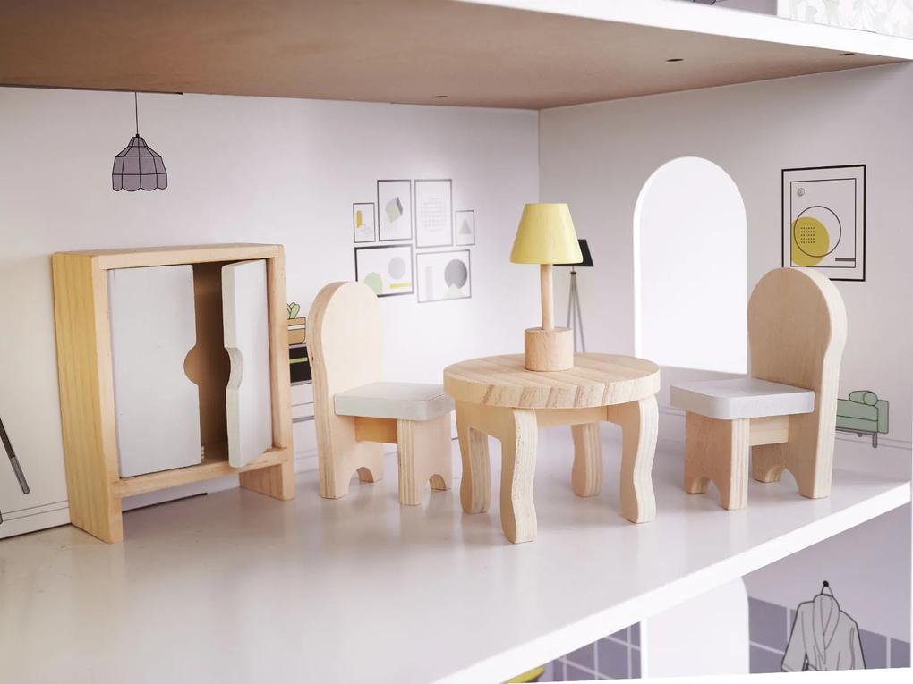 KIK Drevený domček pre bábiky + nábytok 70cm sivý