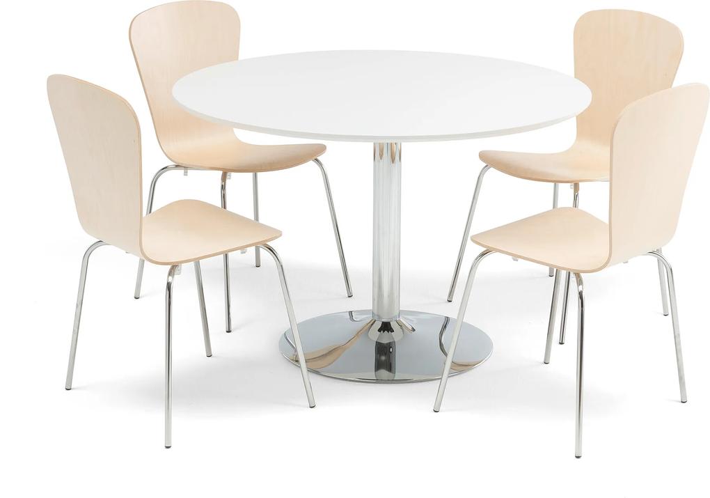 Jedálenská zostava: stôl Ø1100 mm, biely + 4 stoličky, breza