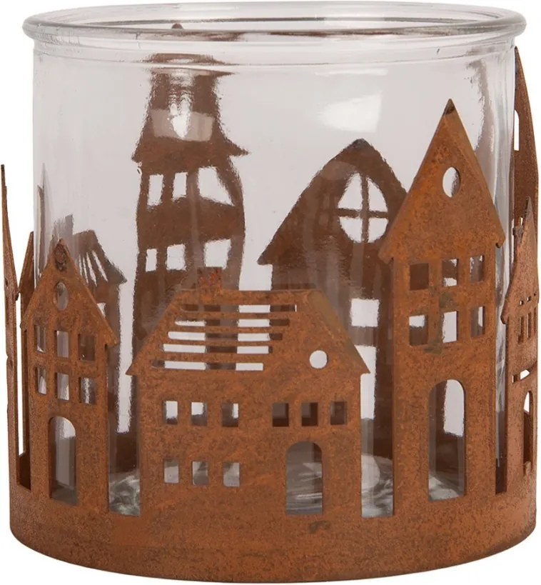 Hrdzavý rustikálny svietnik s dedinkou Village Rust L - Ø 13*12 cm