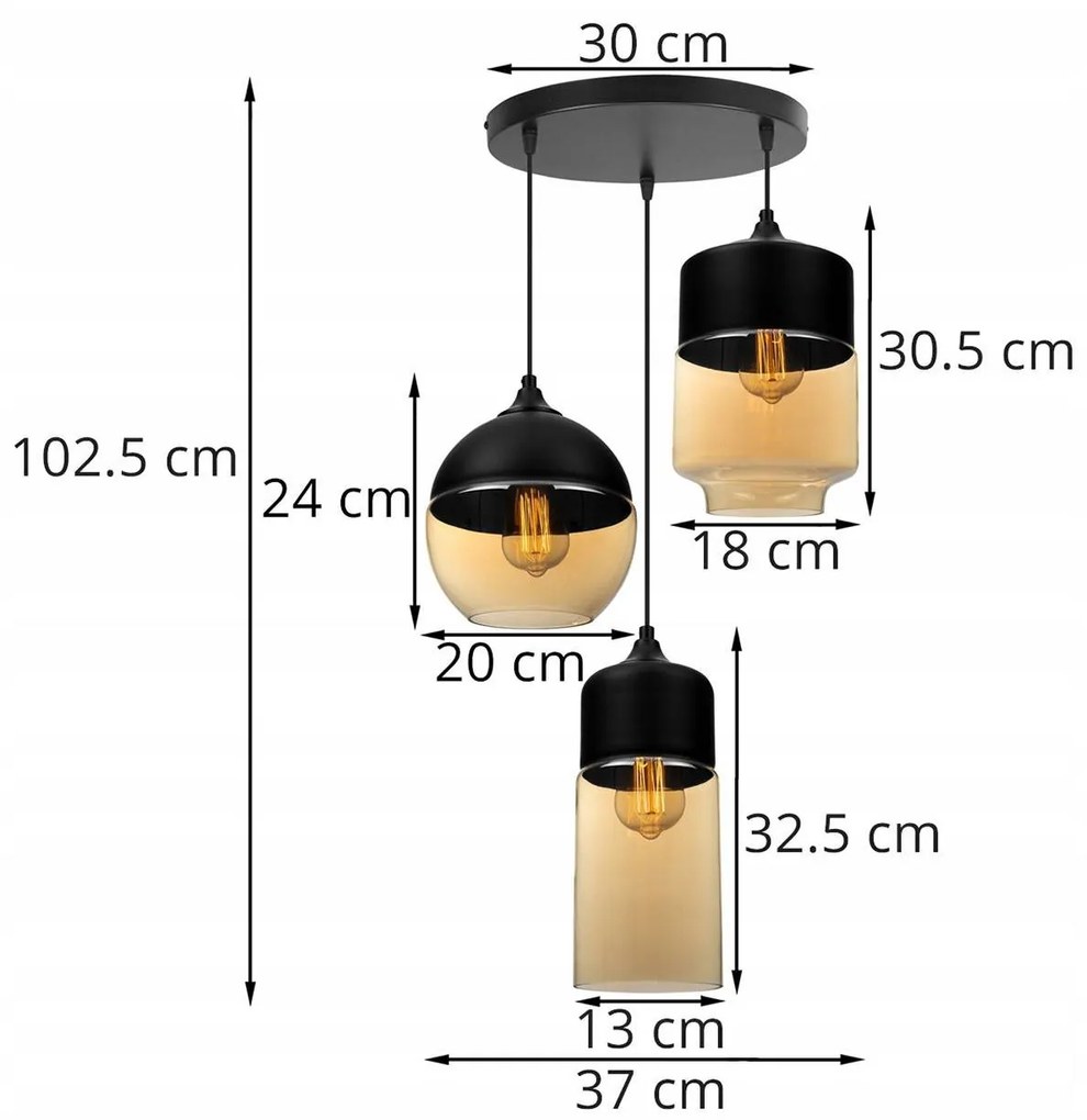 Závesné svietidlo Oslo 4, 3x čierne/medové sklenené tienidlo, o