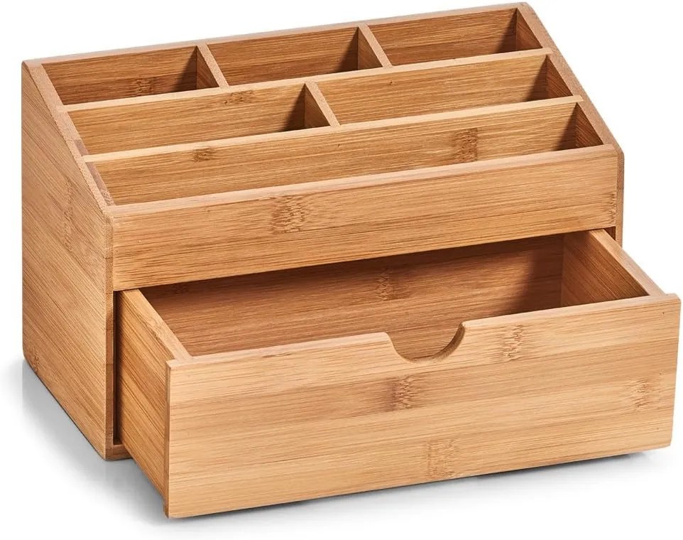 Organizér na kozmetiku, na stôl, 6 priehradiek + zásuvka, bambusový THINGS6
