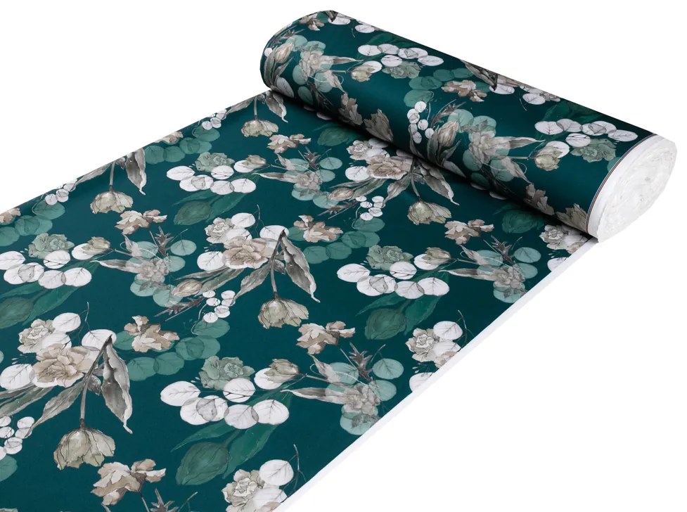 Biante Teflónový behúň na stôl TF-058 Kvety s eukalyptom na tmavo zelenom 20x120 cm