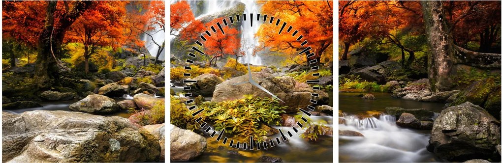 Obraz - Vodopády v jesennej krajine, oranžový (s hodinami) (90x30 cm)