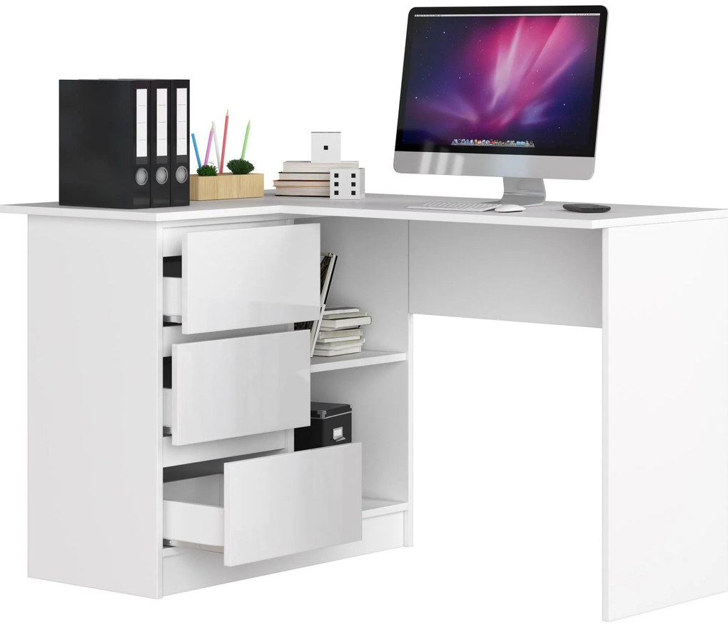 Rohový PC stolík Bodhi (biela + lesk biely) (L). Akcia -22%. Vlastná spoľahlivá doprava až k Vám domov. 1128550
