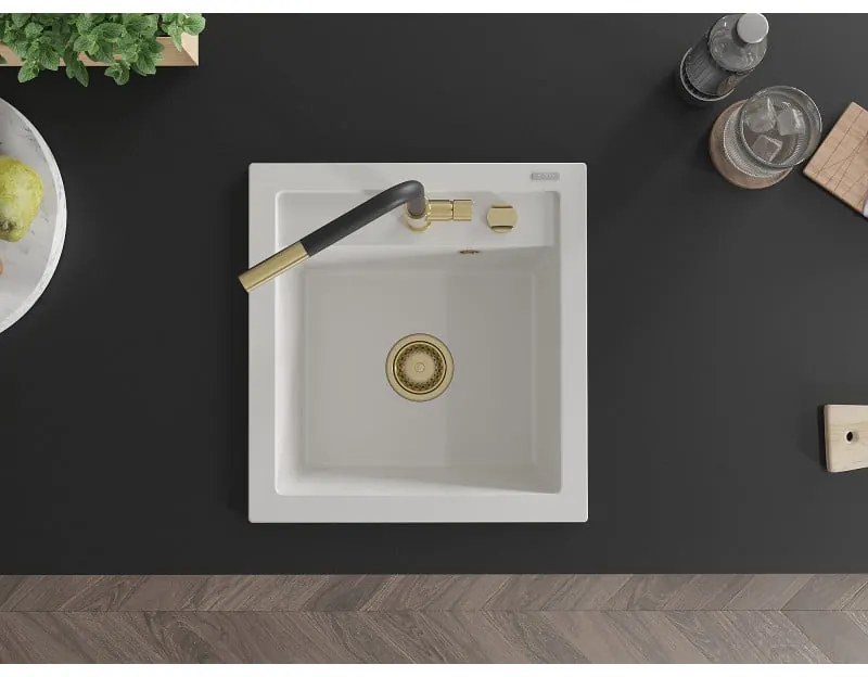 Mexen Vito, 1-komorový granitový drez 490x520x210 mm a drezová batéria Flora, biela, 6503-20-670401-57-G